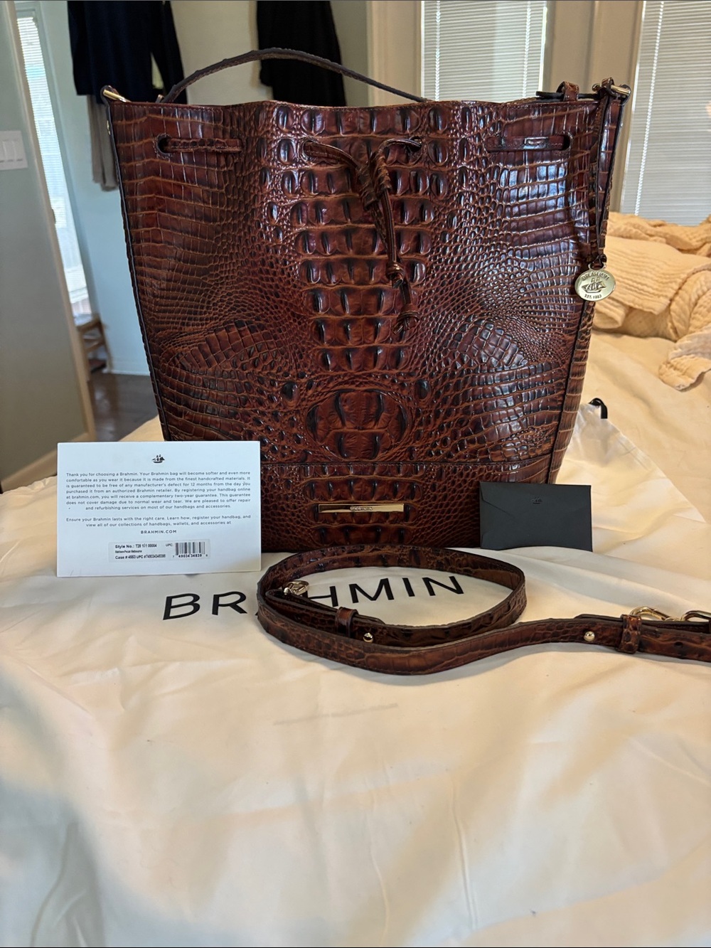 Brahmin Embossed Croc Leather Bucket Bag in Dark Brown